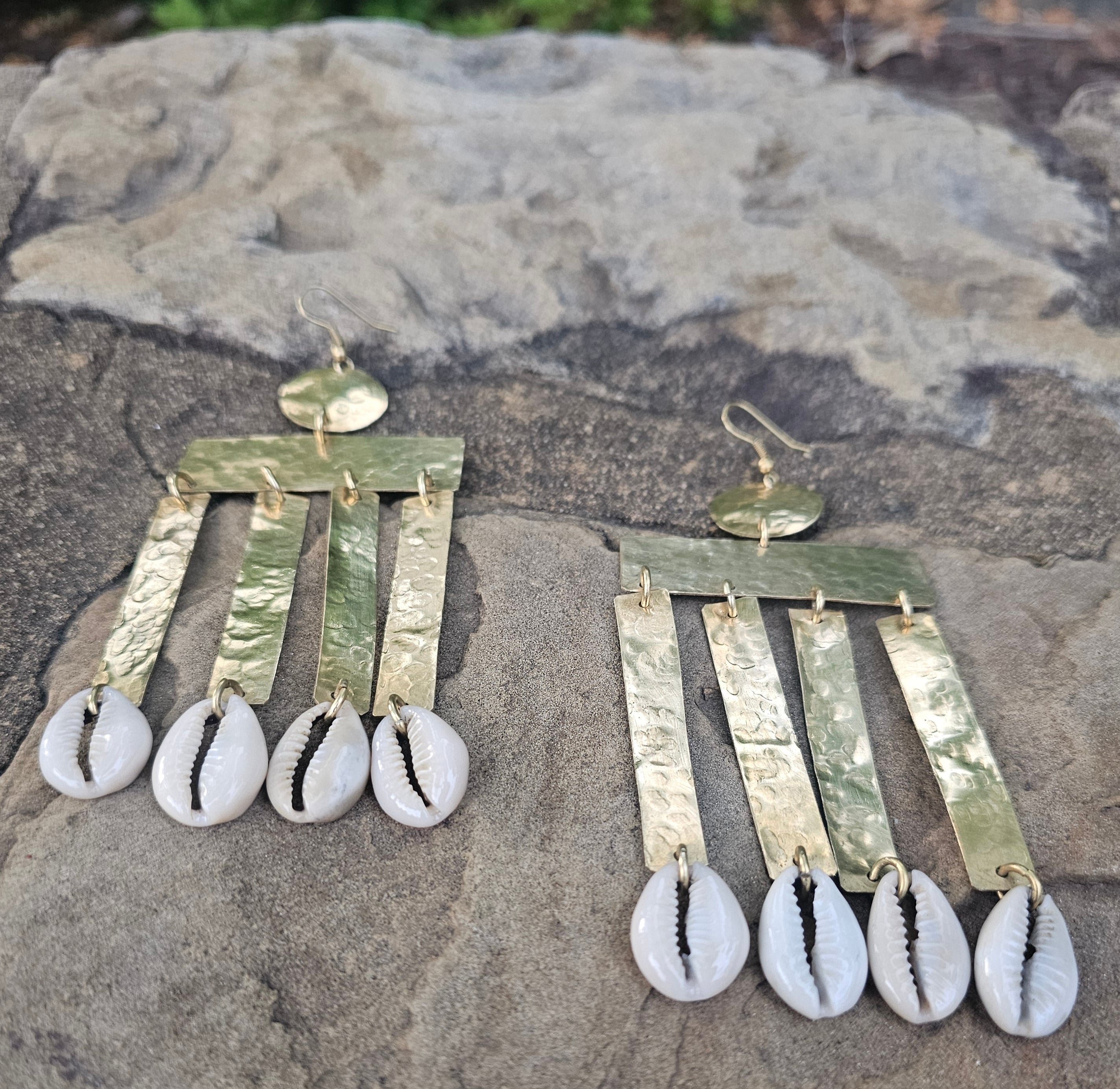Hammered Cowrie Shell Column Brass Earrings