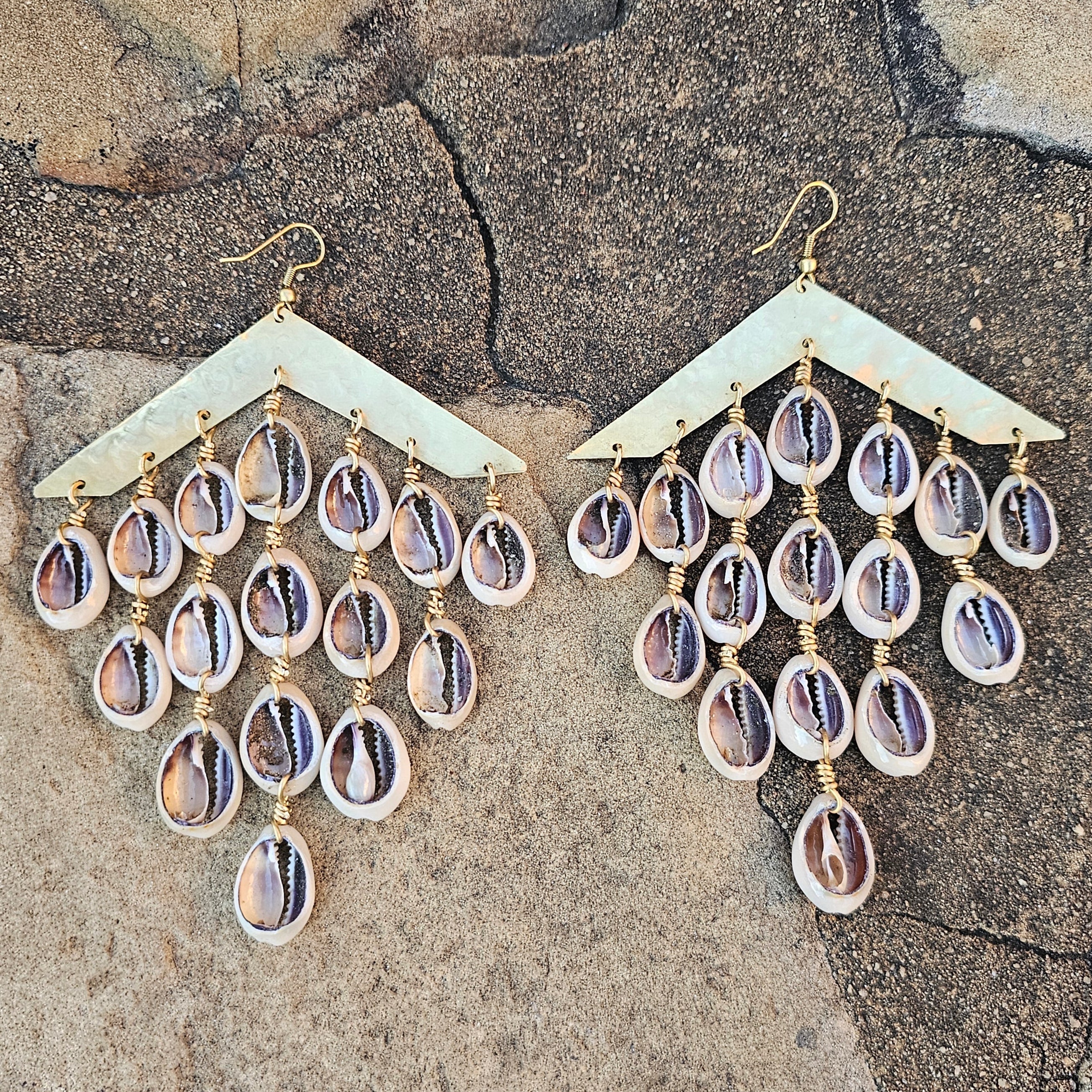 Hammered Cowrie Shell Waterfall Brass Earrings