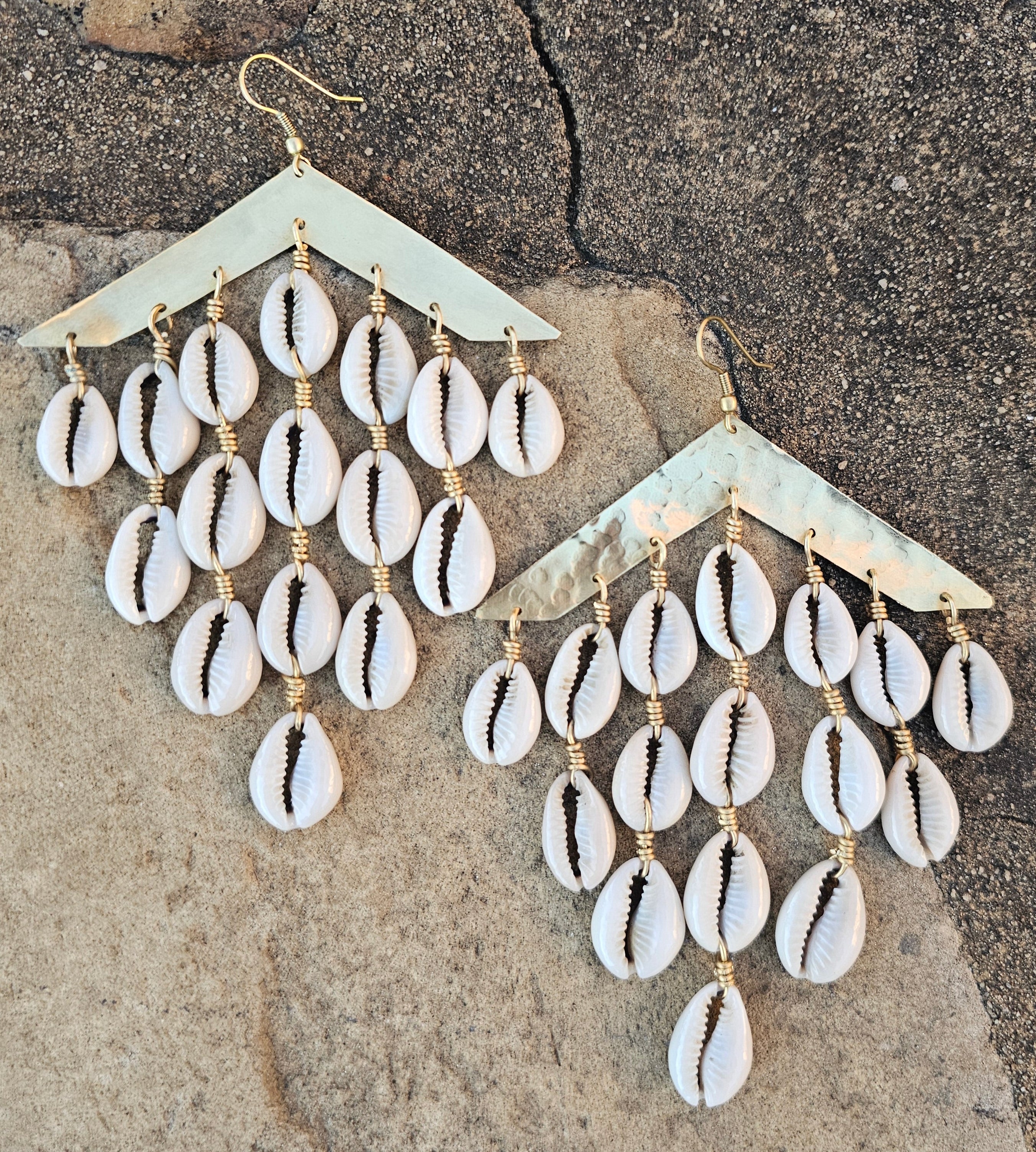 Smooth Cowrie Shell Waterfall Brass Earrings
