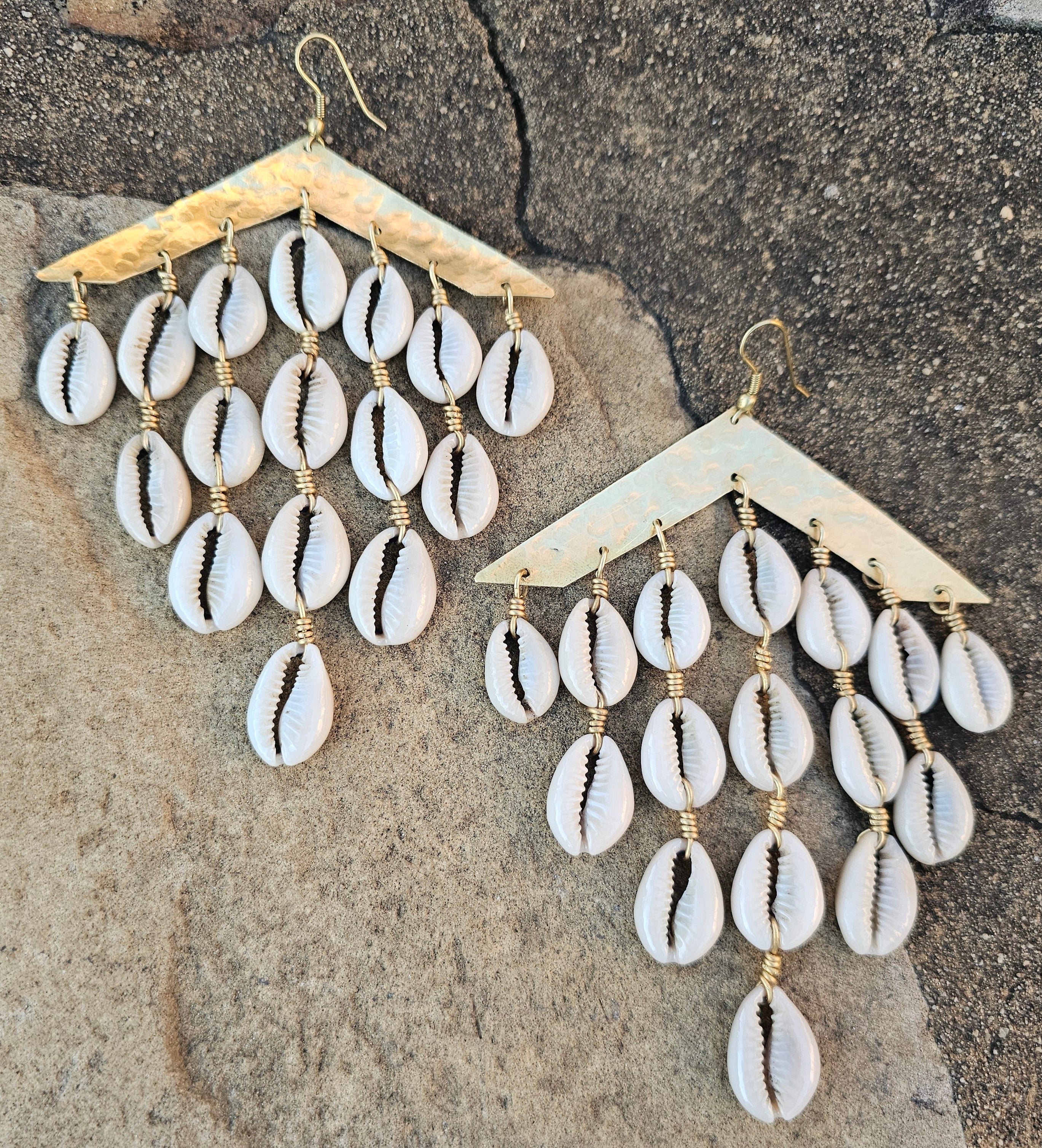 Hammered Cowrie Shell Waterfall Brass Earrings