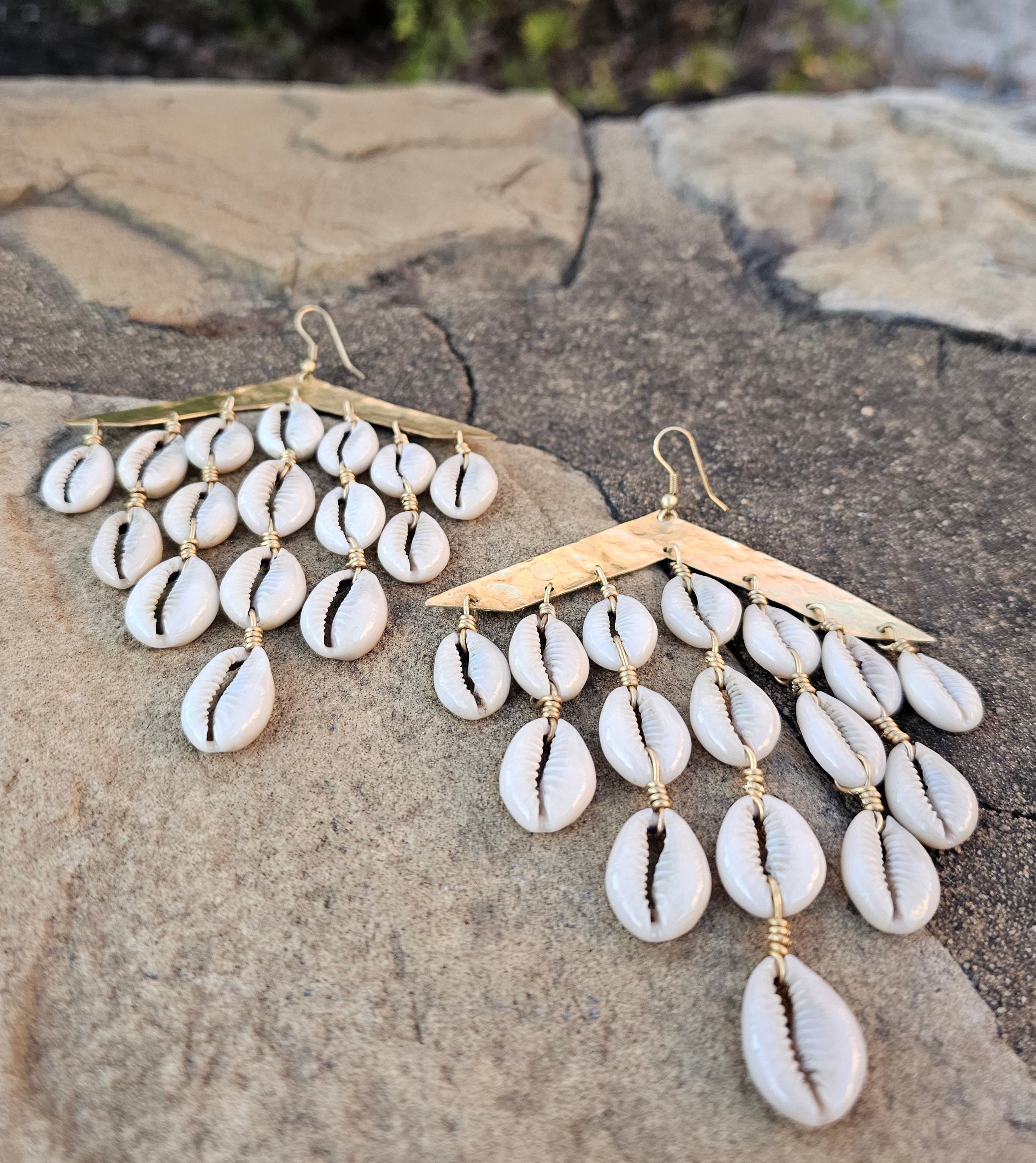 Hammered Cowrie Shell Waterfall Brass Earrings