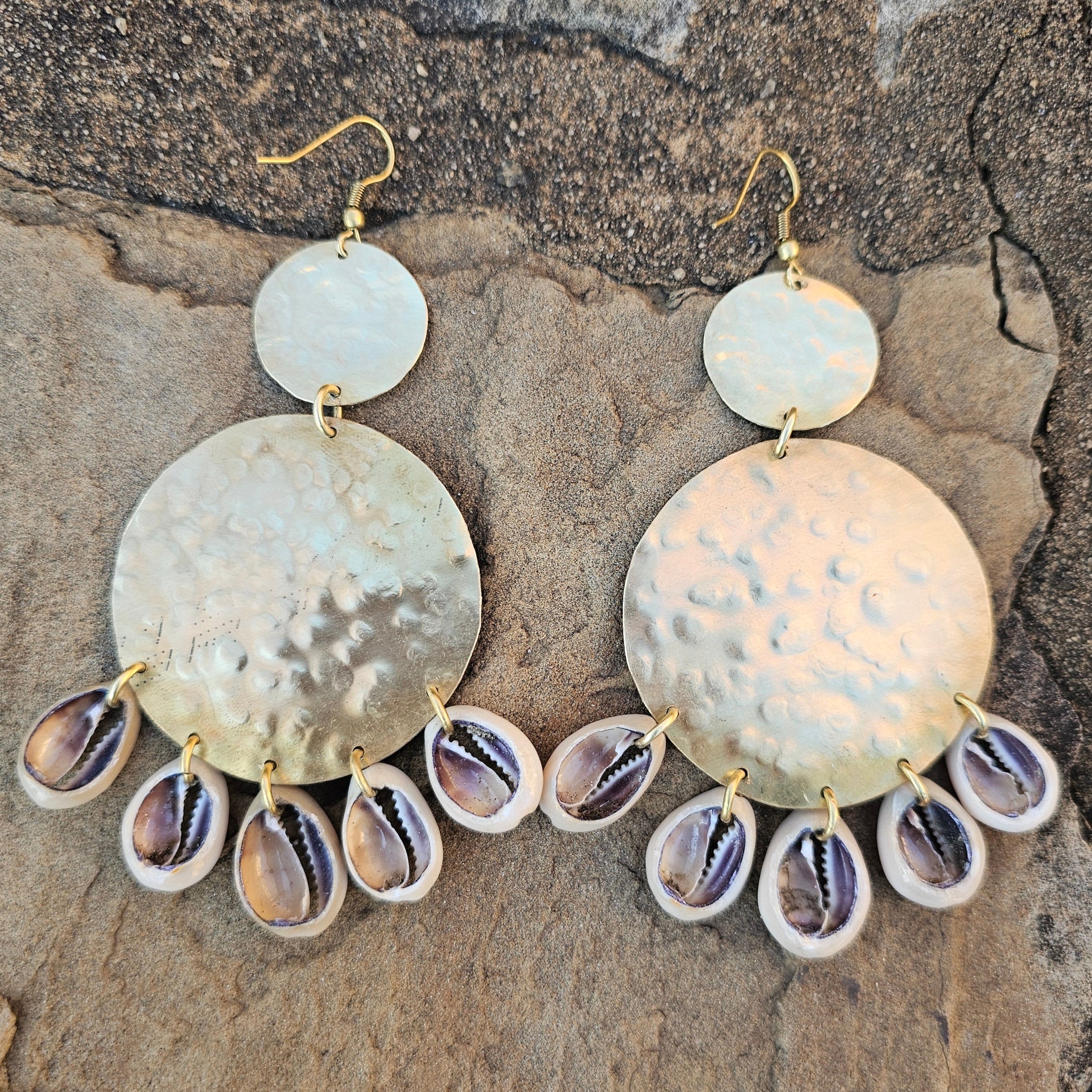 Hammered Double Circle Cowrie Shell Brass Earrings