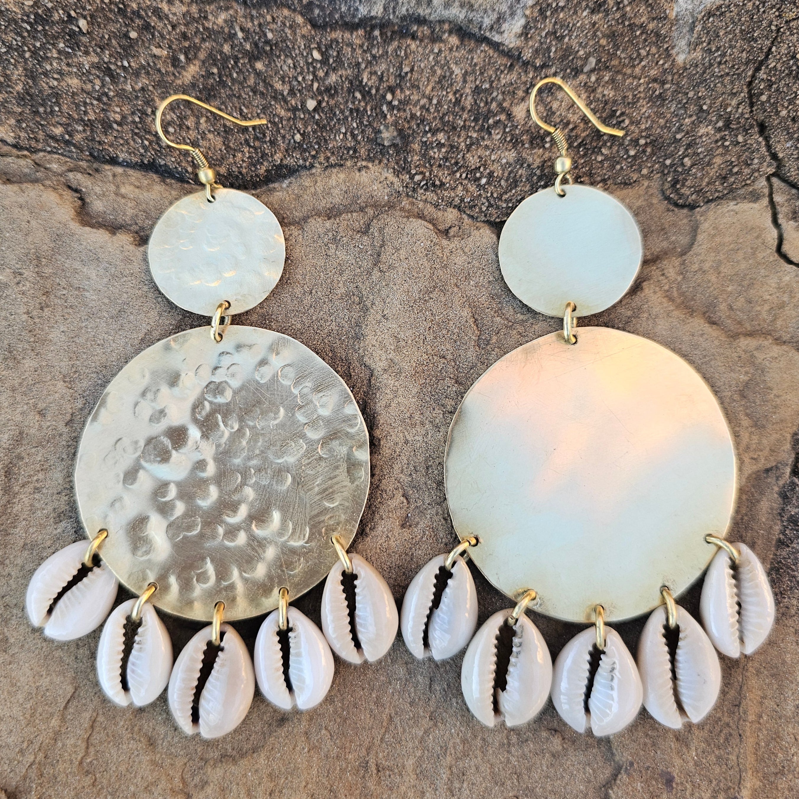 Hammered Double Circle Cowrie Shell Brass Earrings
