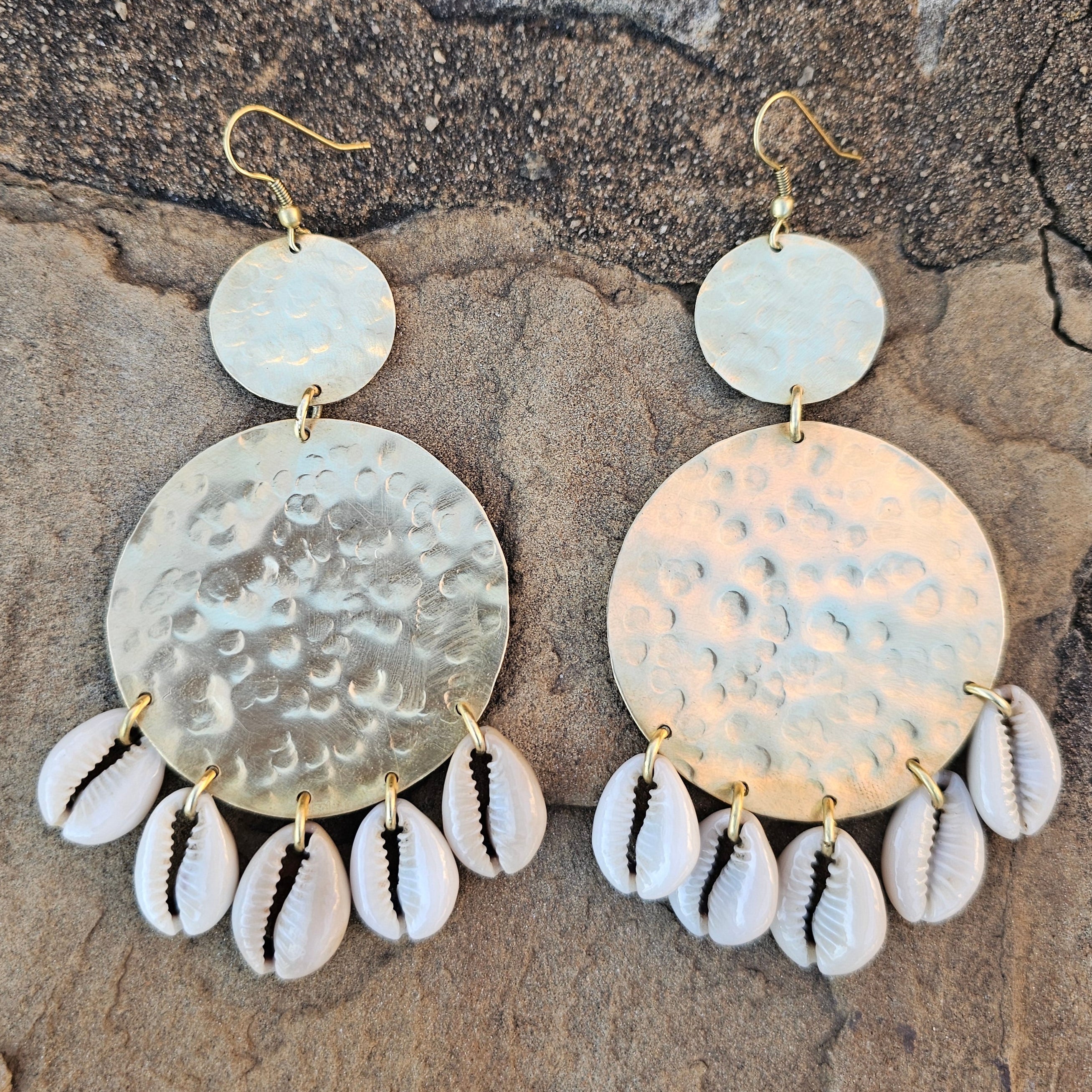 Hammered Double Circle Cowrie Shell Brass Earrings