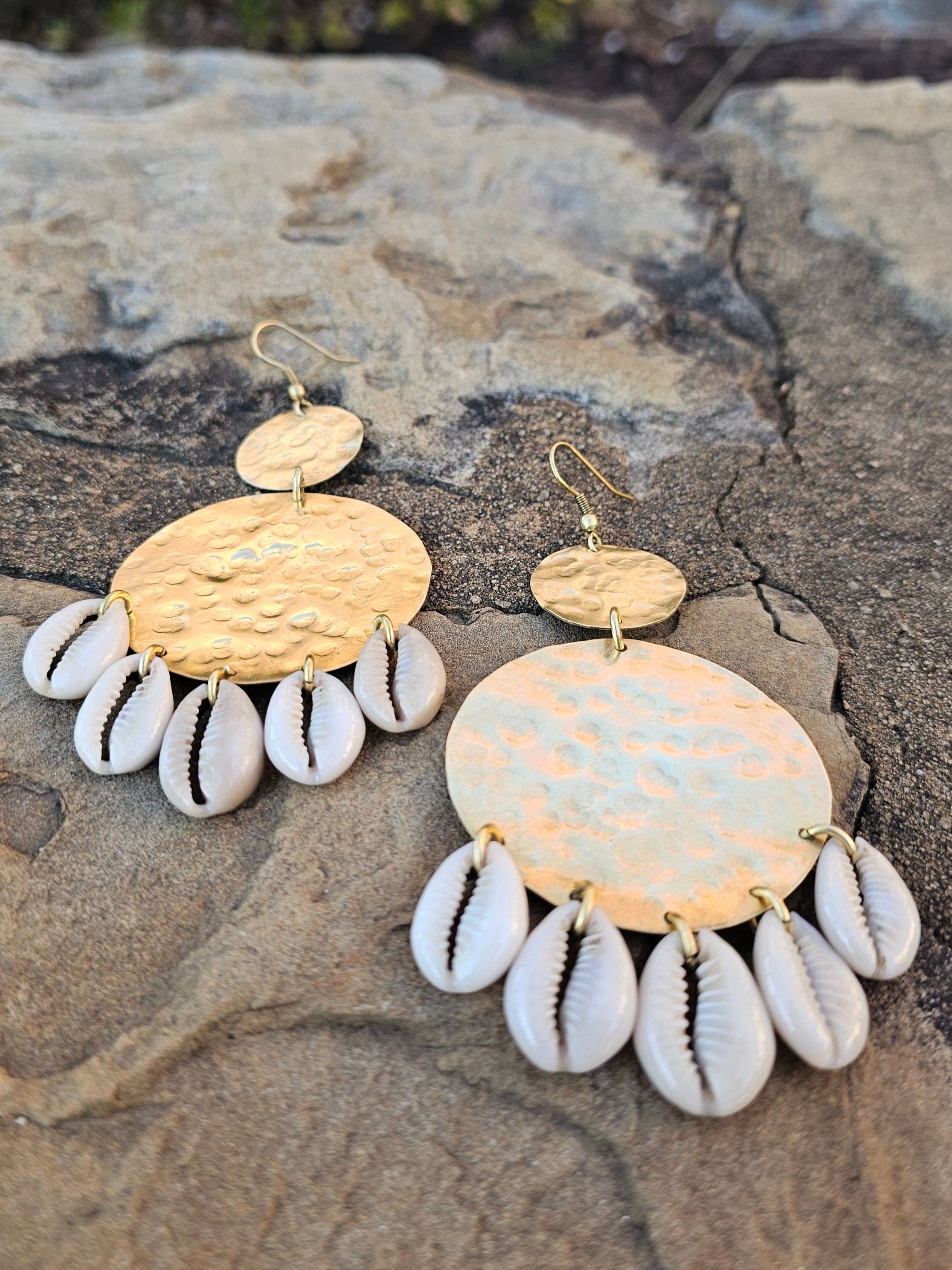 Hammered Double Circle Cowrie Shell Brass Earrings
