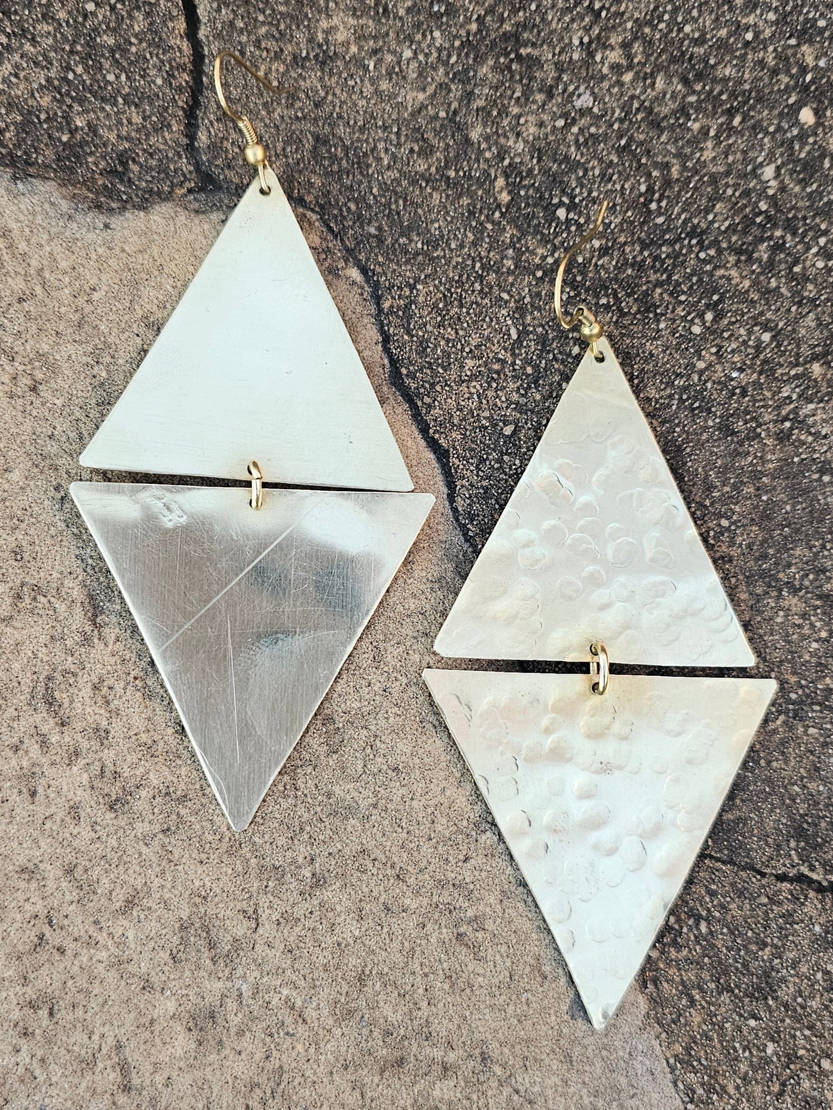 Hammered Double Triangle Brass Earrings