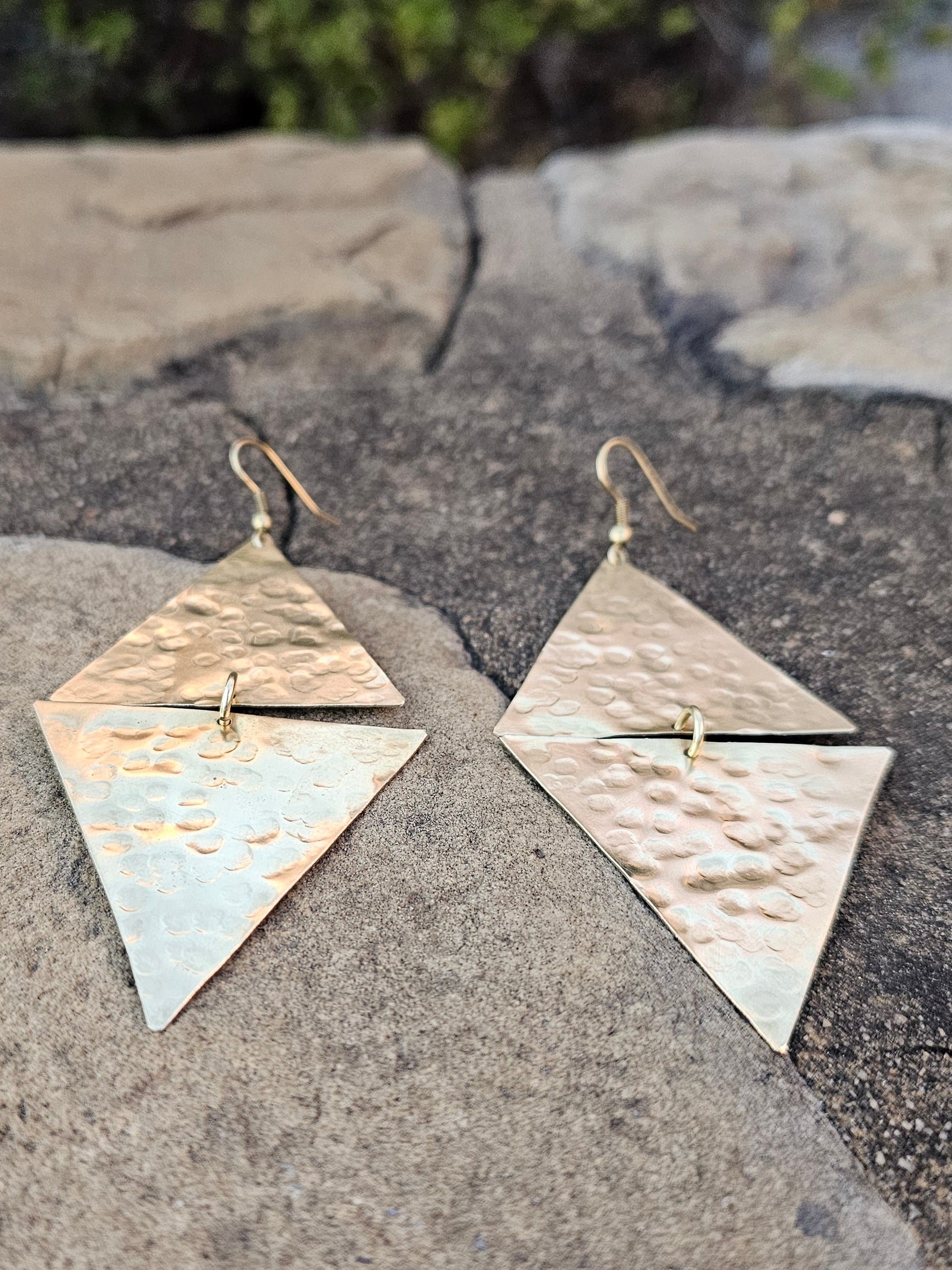 Hammered Double Triangle Brass Earrings