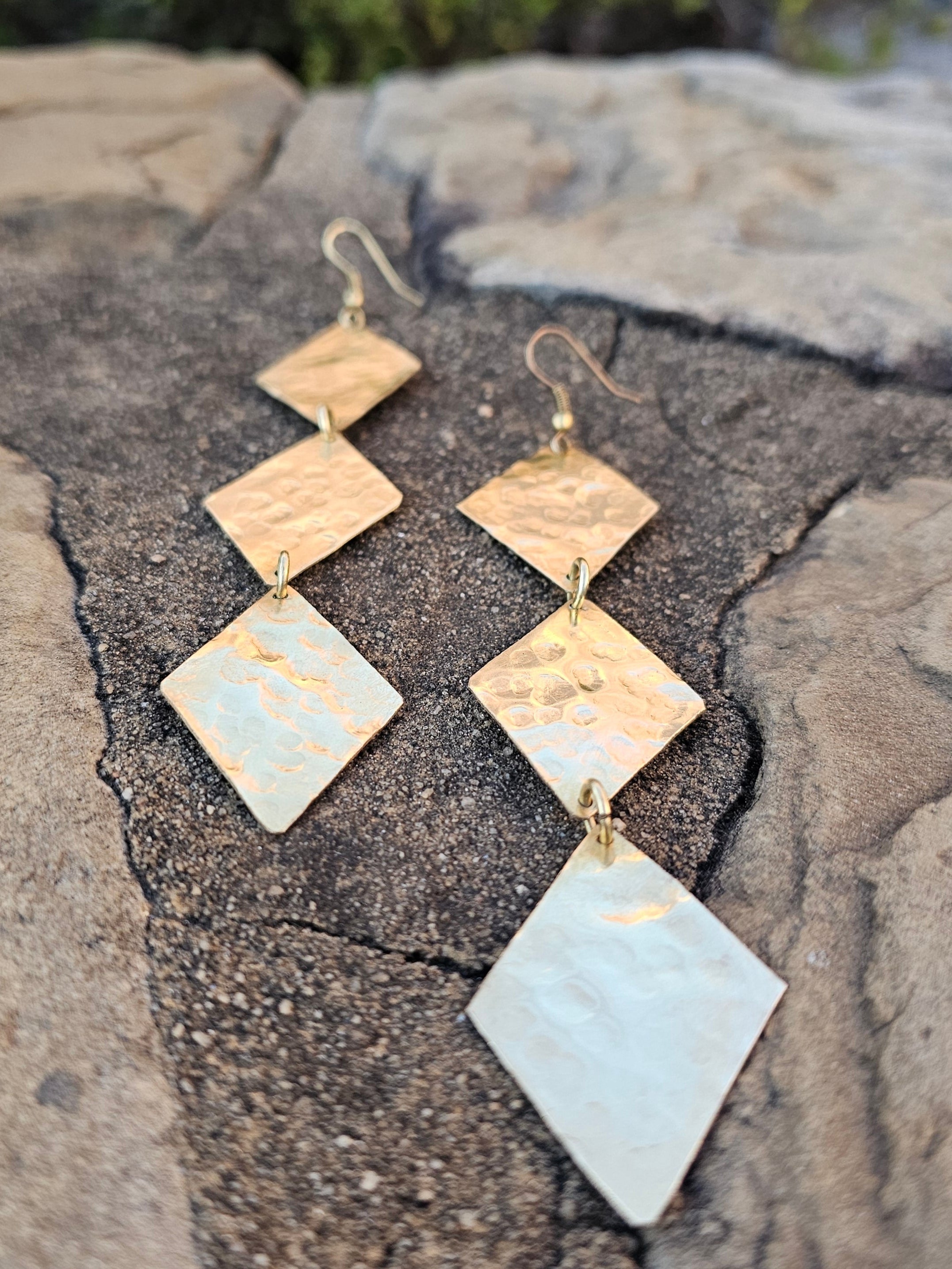 Hammered Triple Diamond Brass Earrings