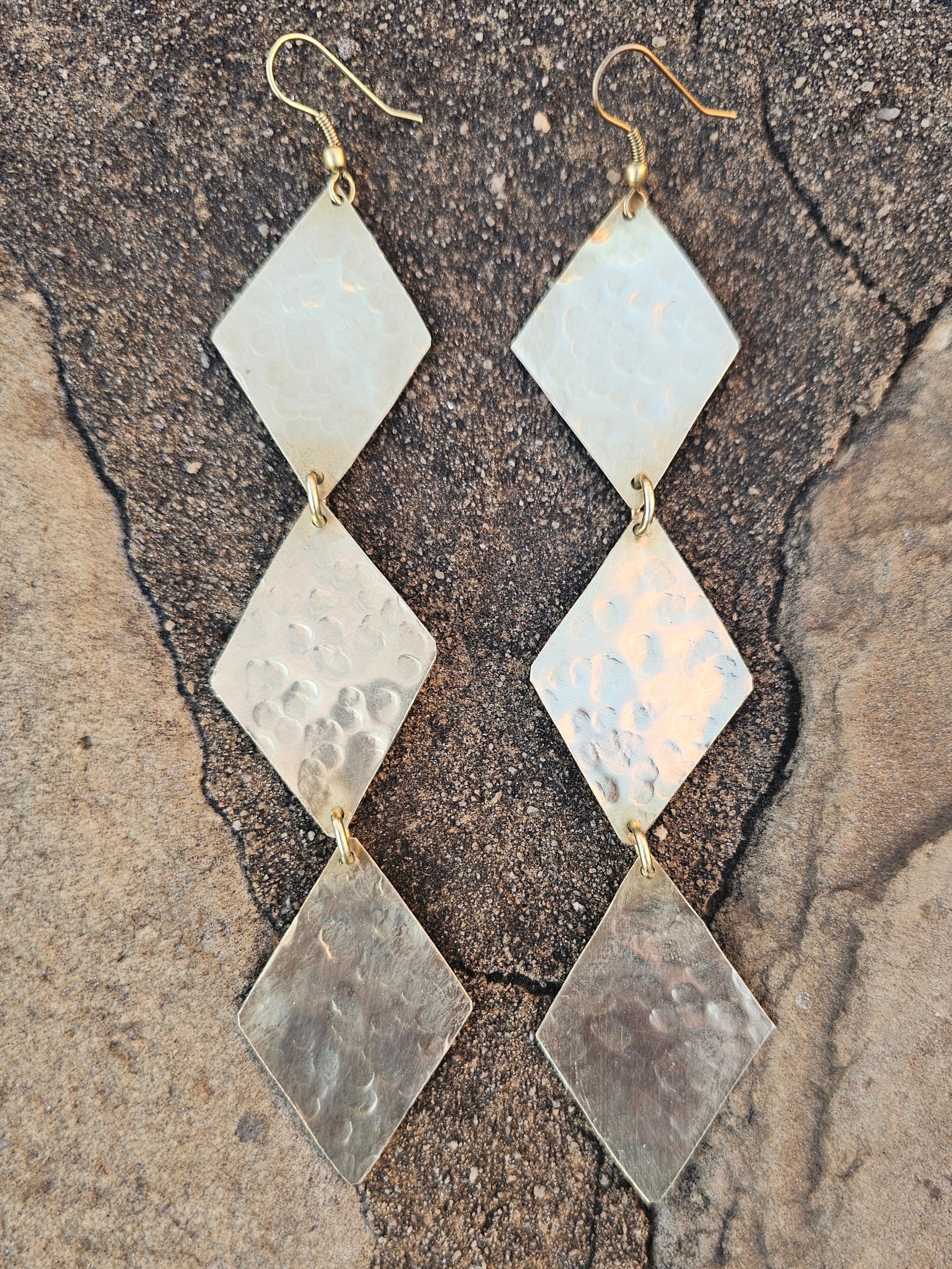 Hammered Triple Diamond Brass Earrings