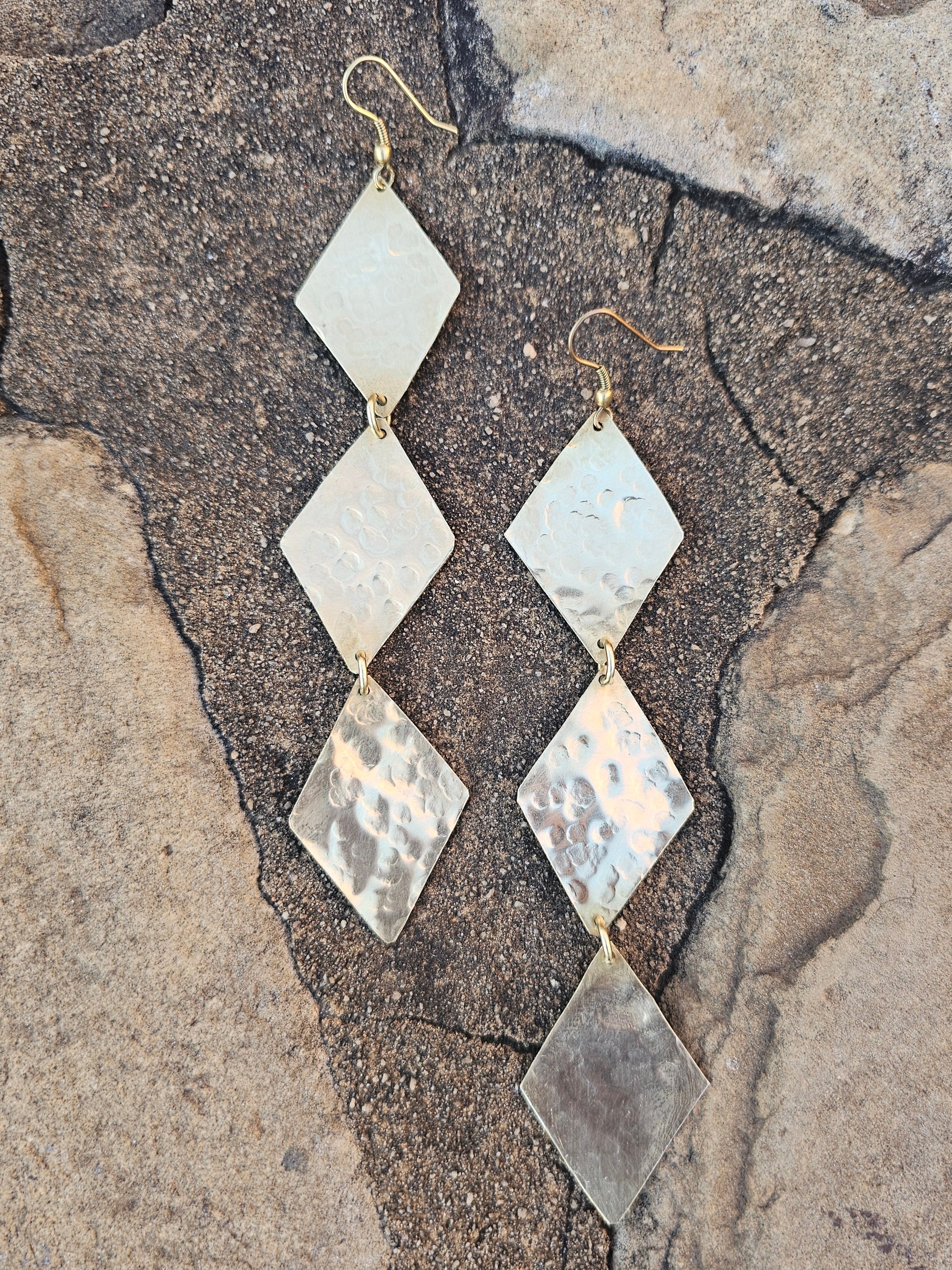 Hammered Triple Diamond Brass Earrings