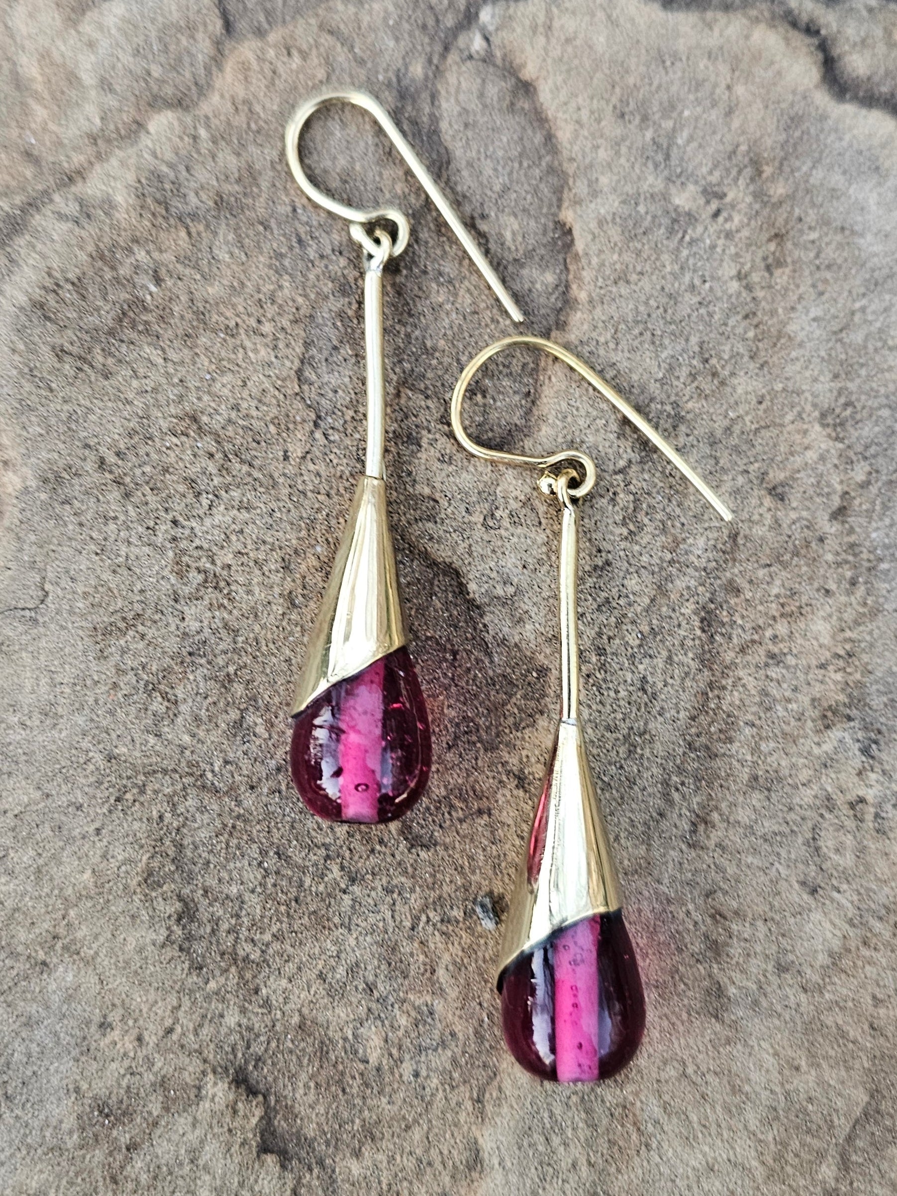 Purple Glass & Brass Raindrop Threader Earrings