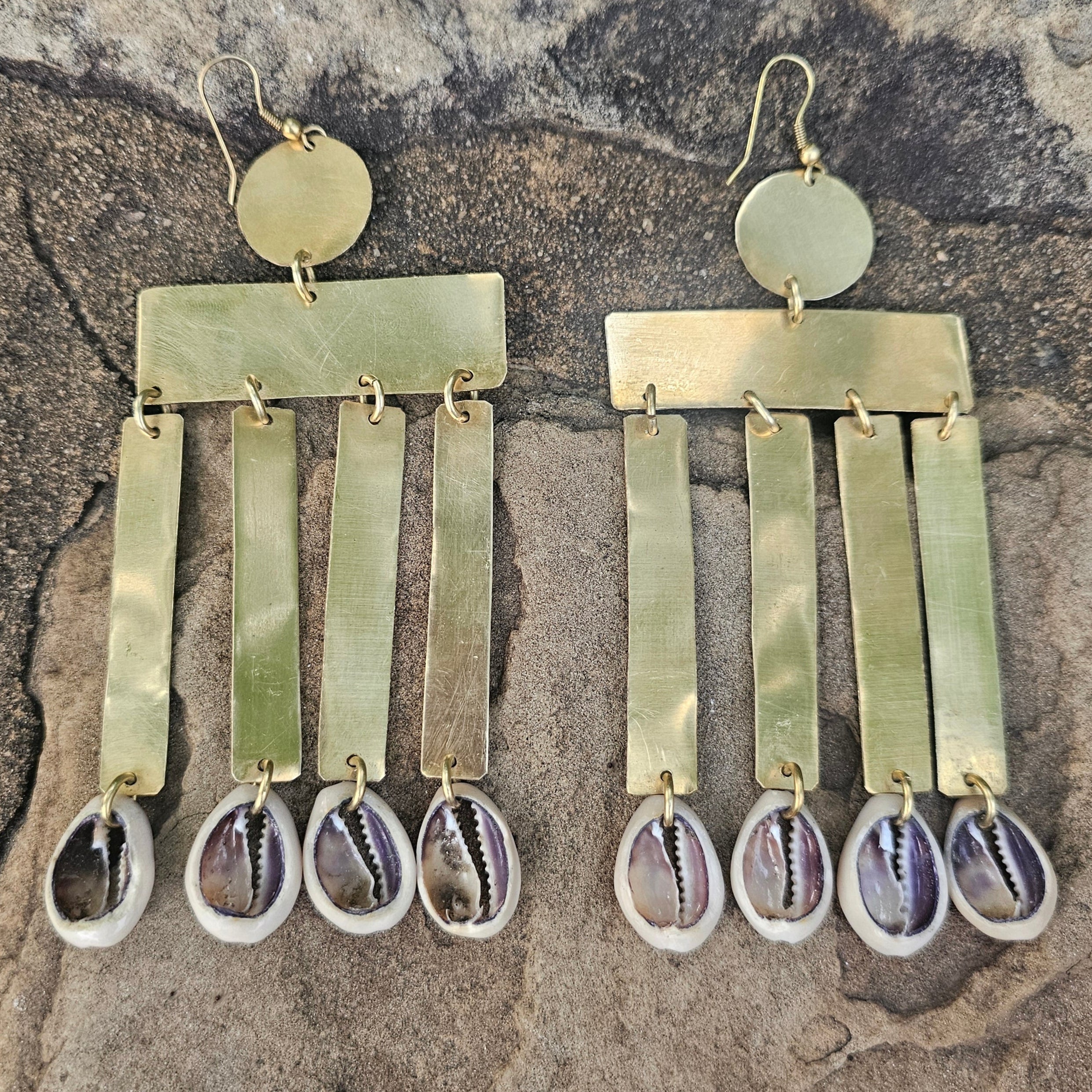 Smooth Cowrie Shell Column Brass Earrings