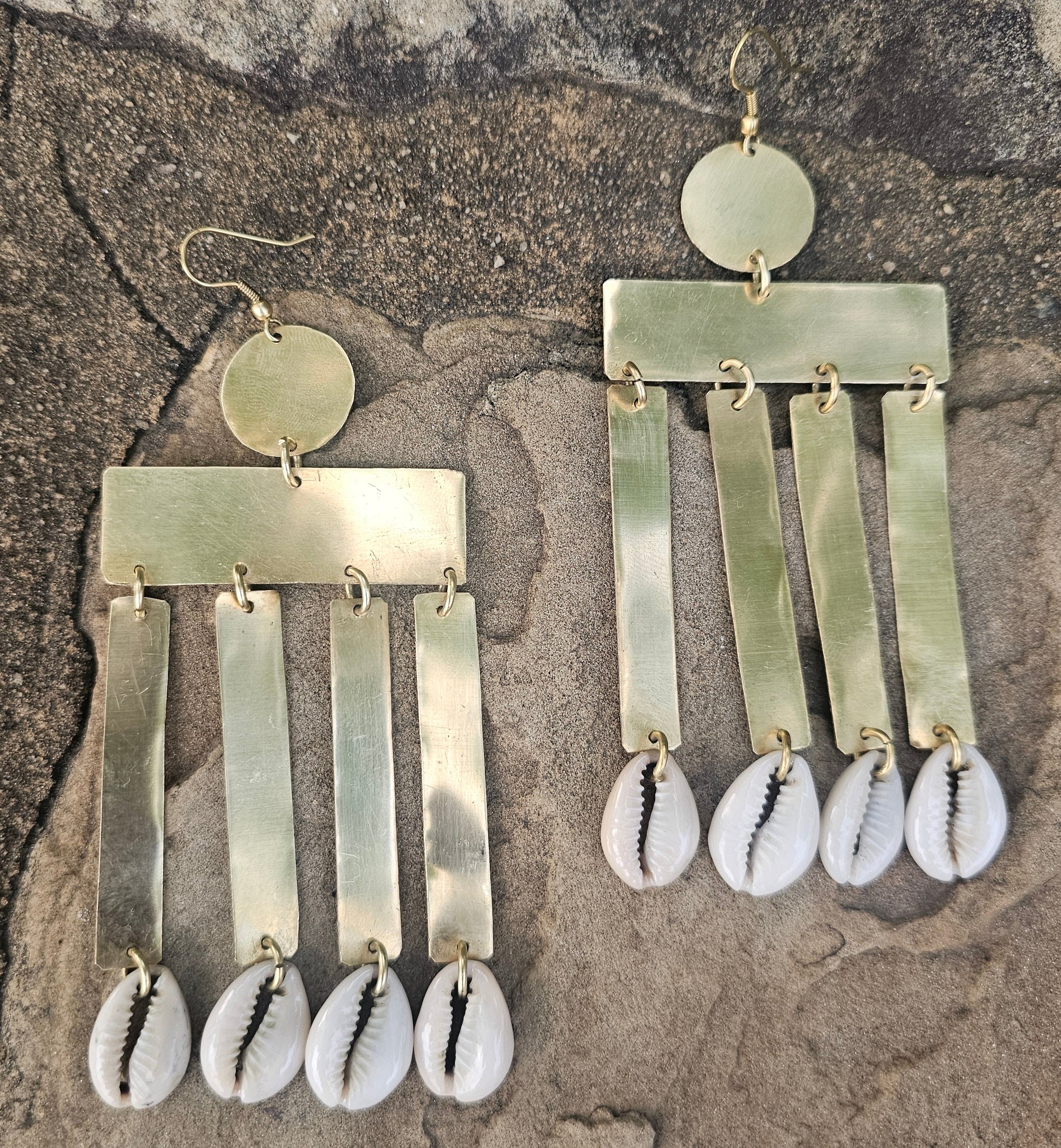 Smooth Cowrie Shell Column Brass Earrings