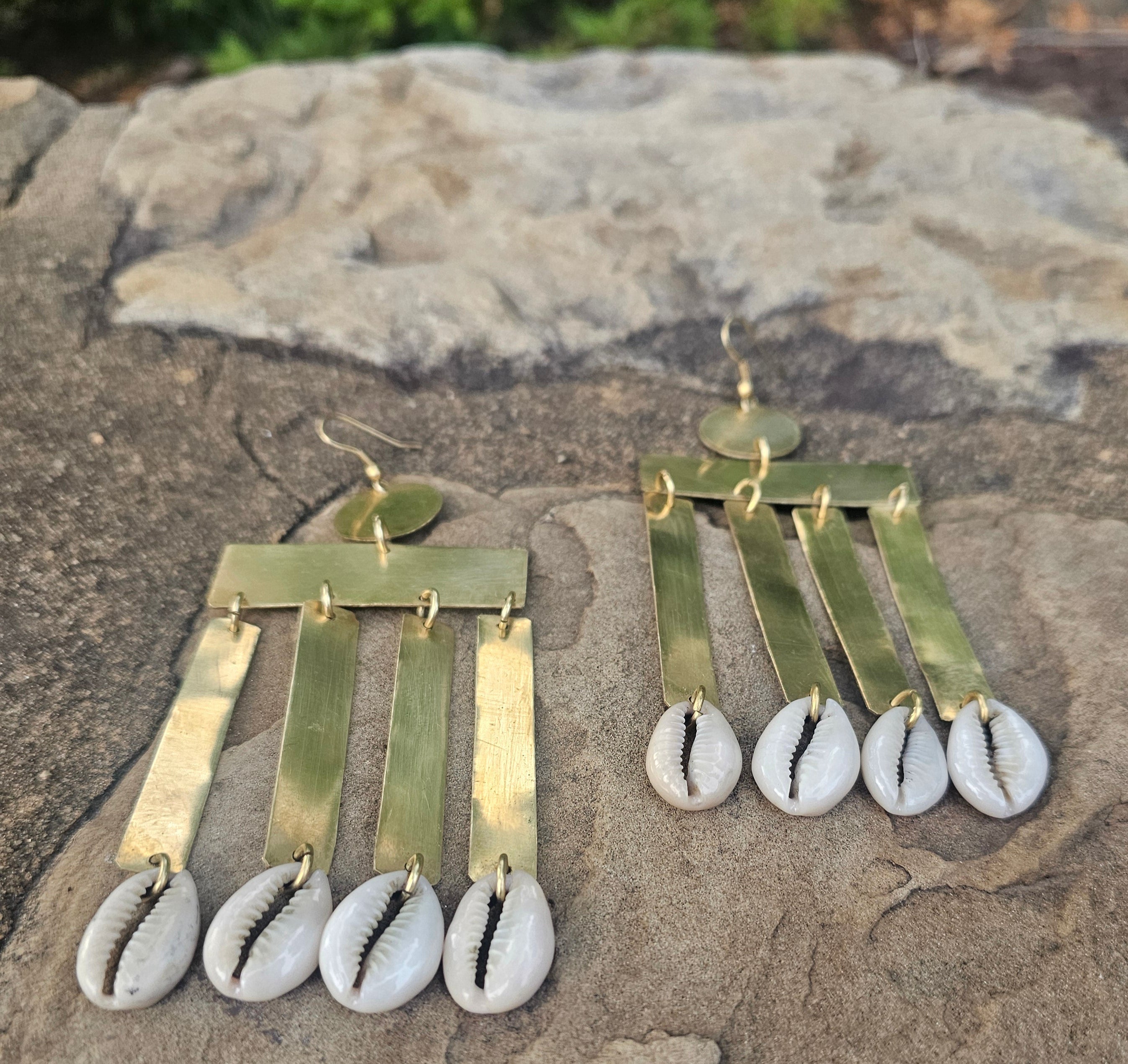 Smooth Cowrie Shell Column Brass Earrings