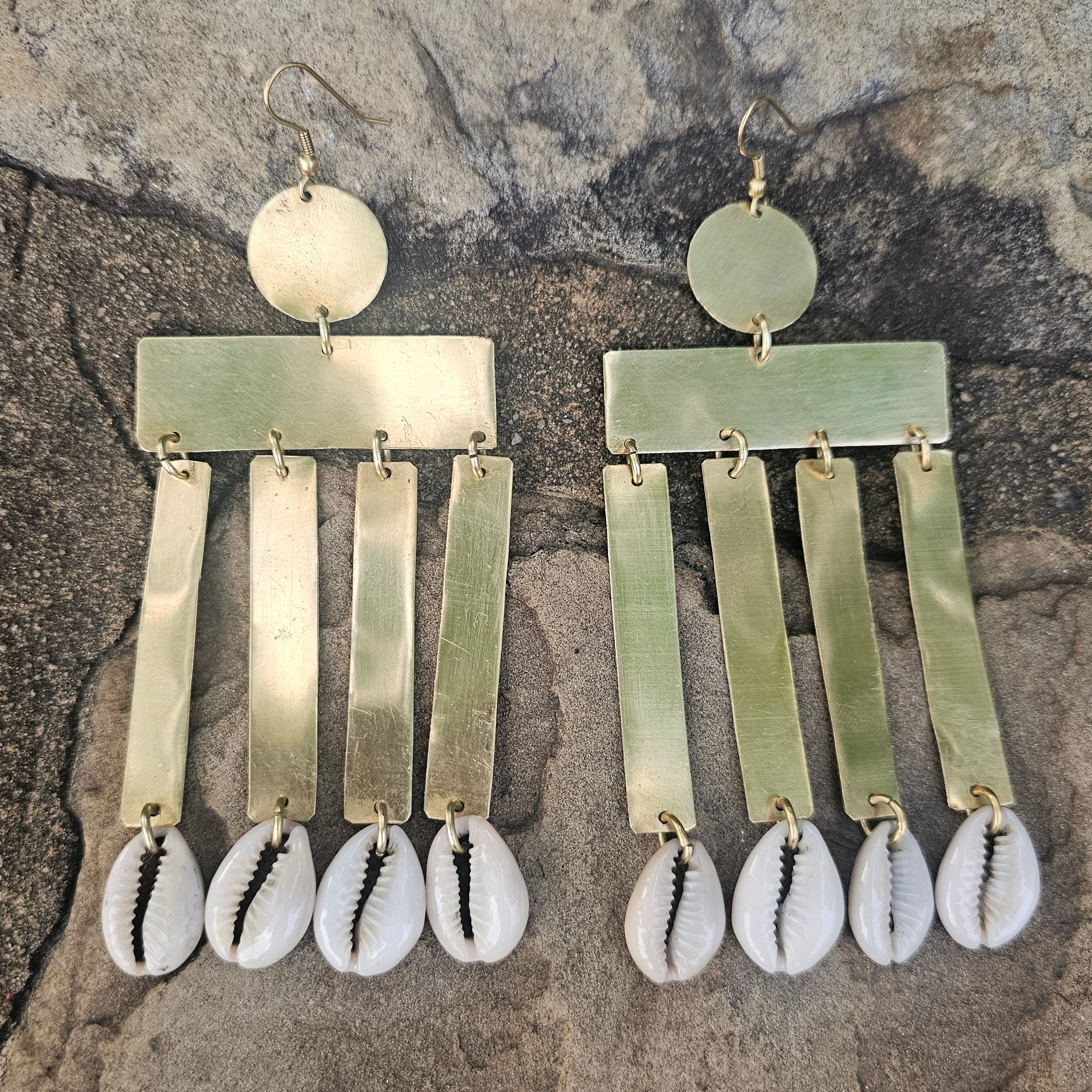 Smooth Cowrie Shell Column Brass Earrings
