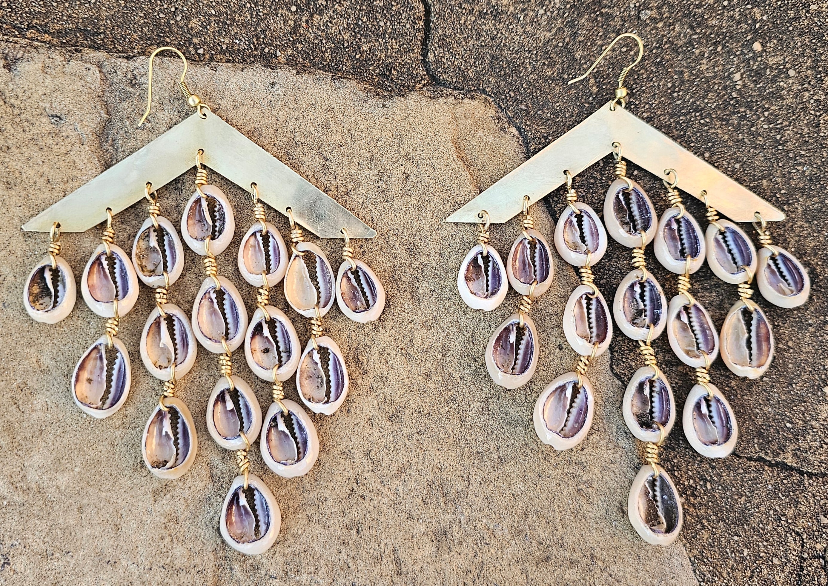 Smooth Cowrie Shell Waterfall Brass Earrings