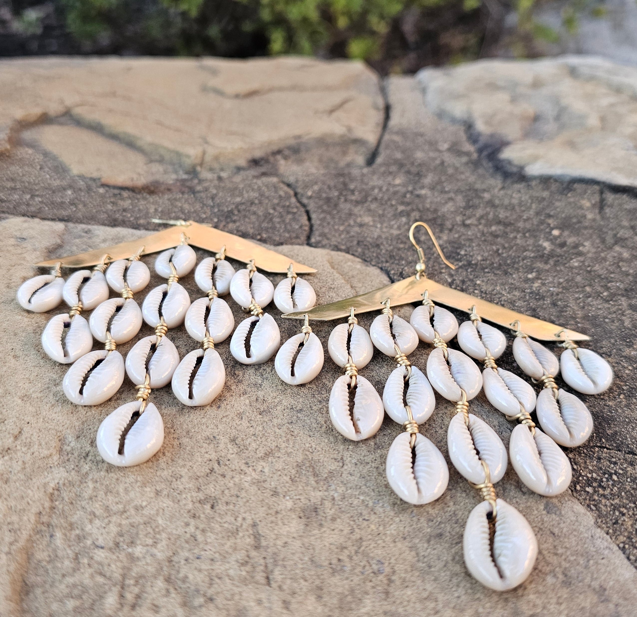 Smooth Cowrie Shell Waterfall Brass Earrings