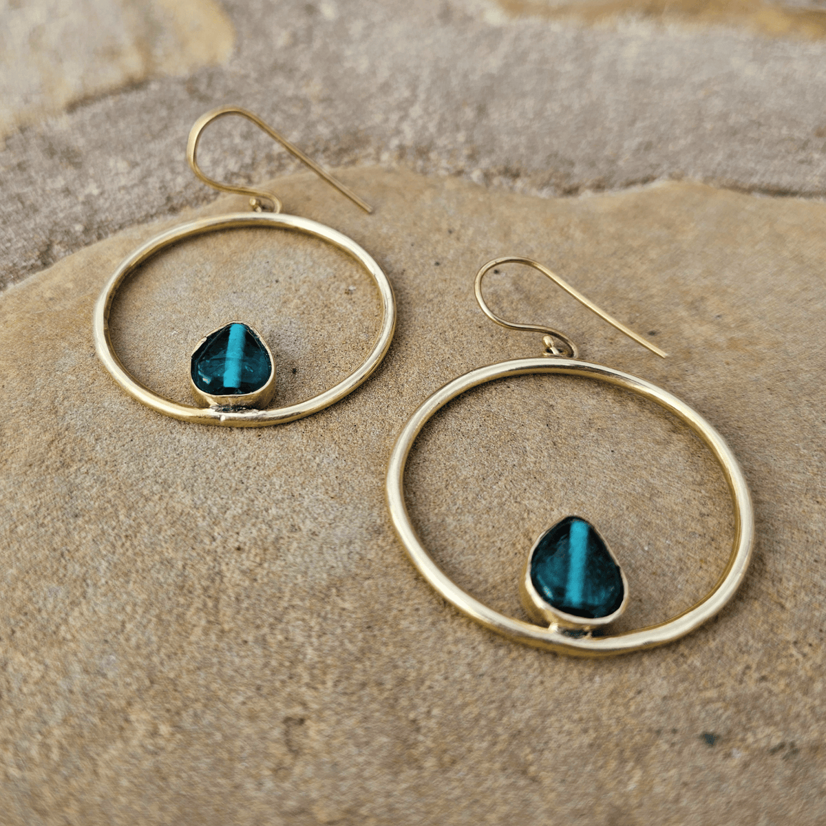 Teal Glass and Brass Hoop Earrings