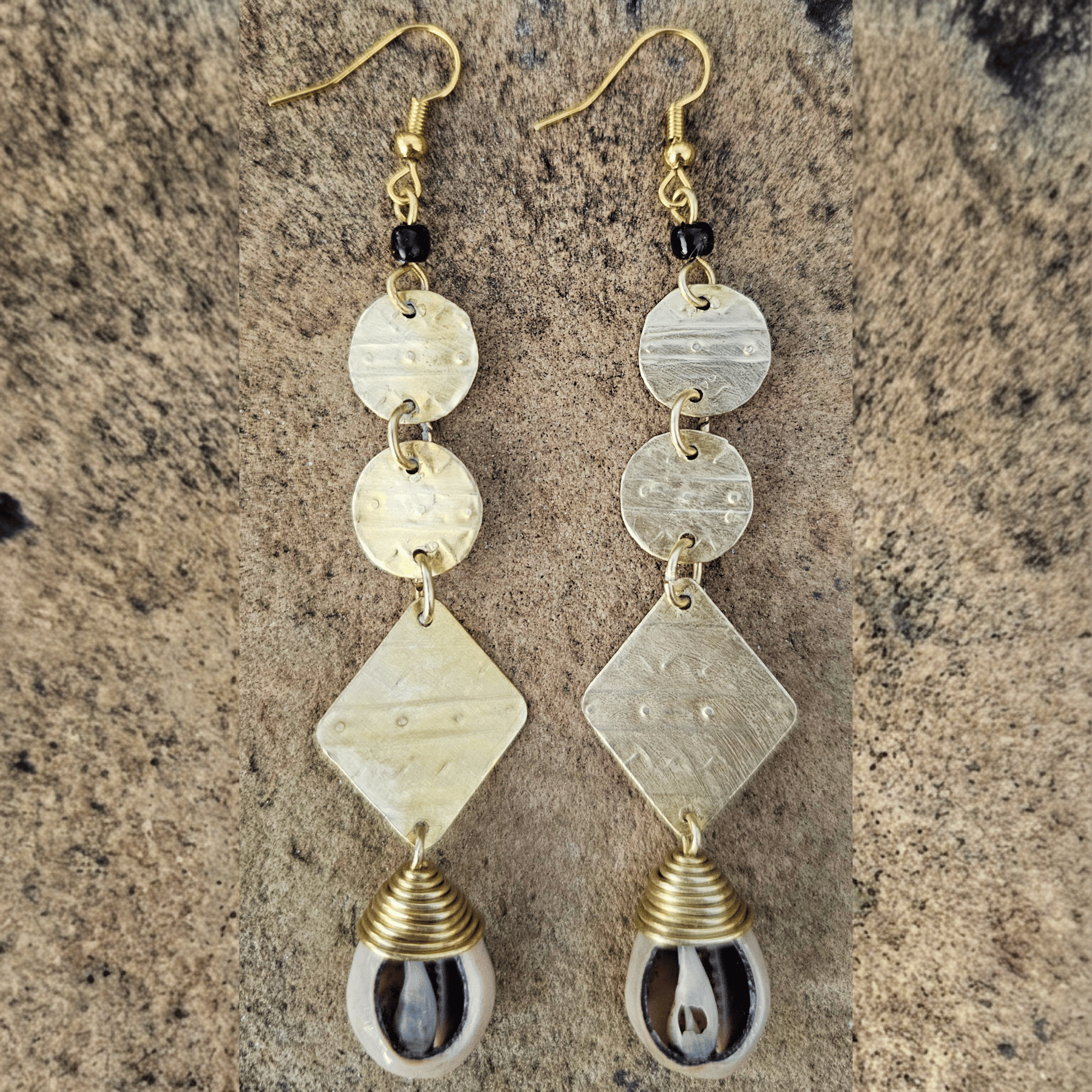 Tribal Brass & Cowrie Shell Drop Earrings