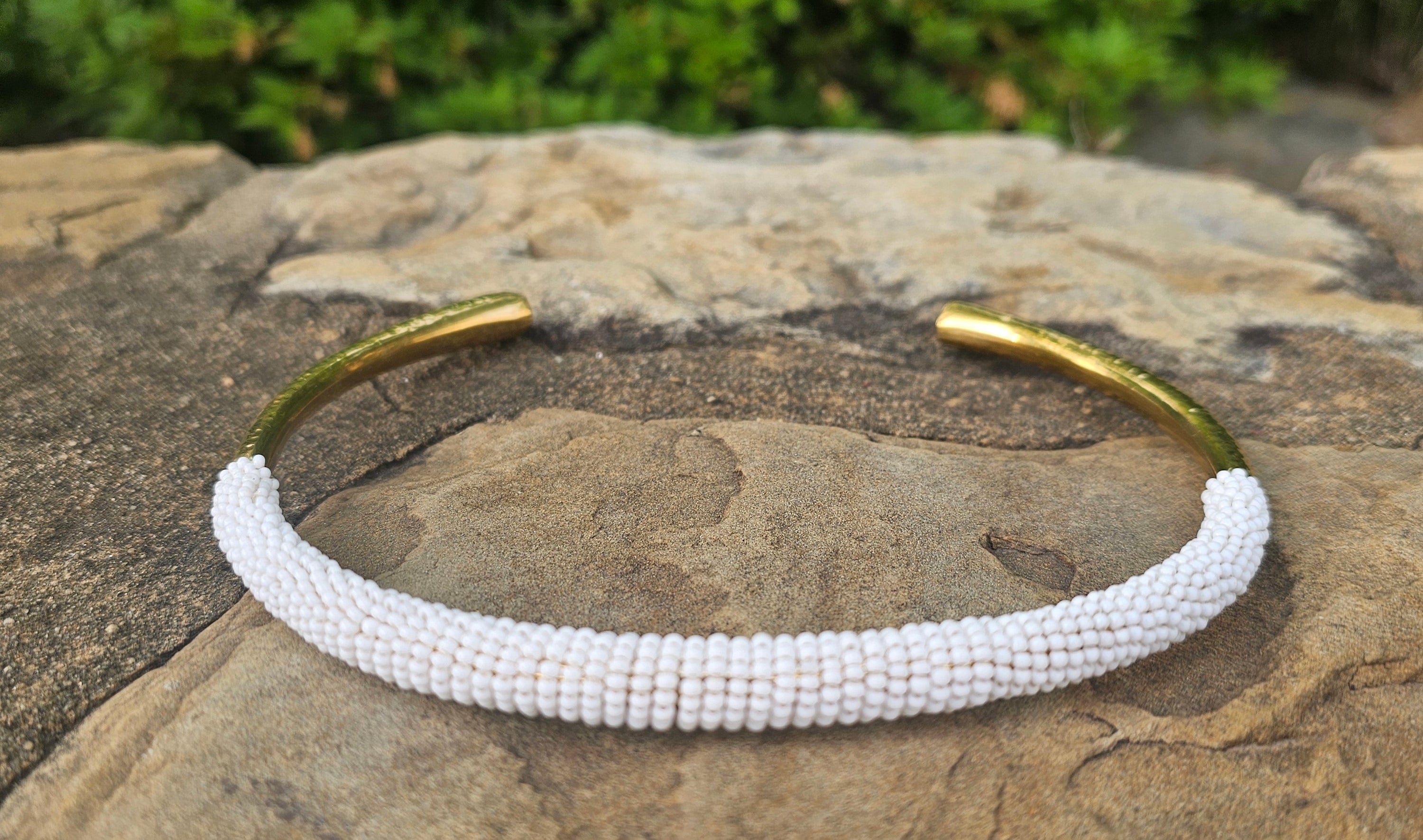 White Beaded Hammered Brass Choker
