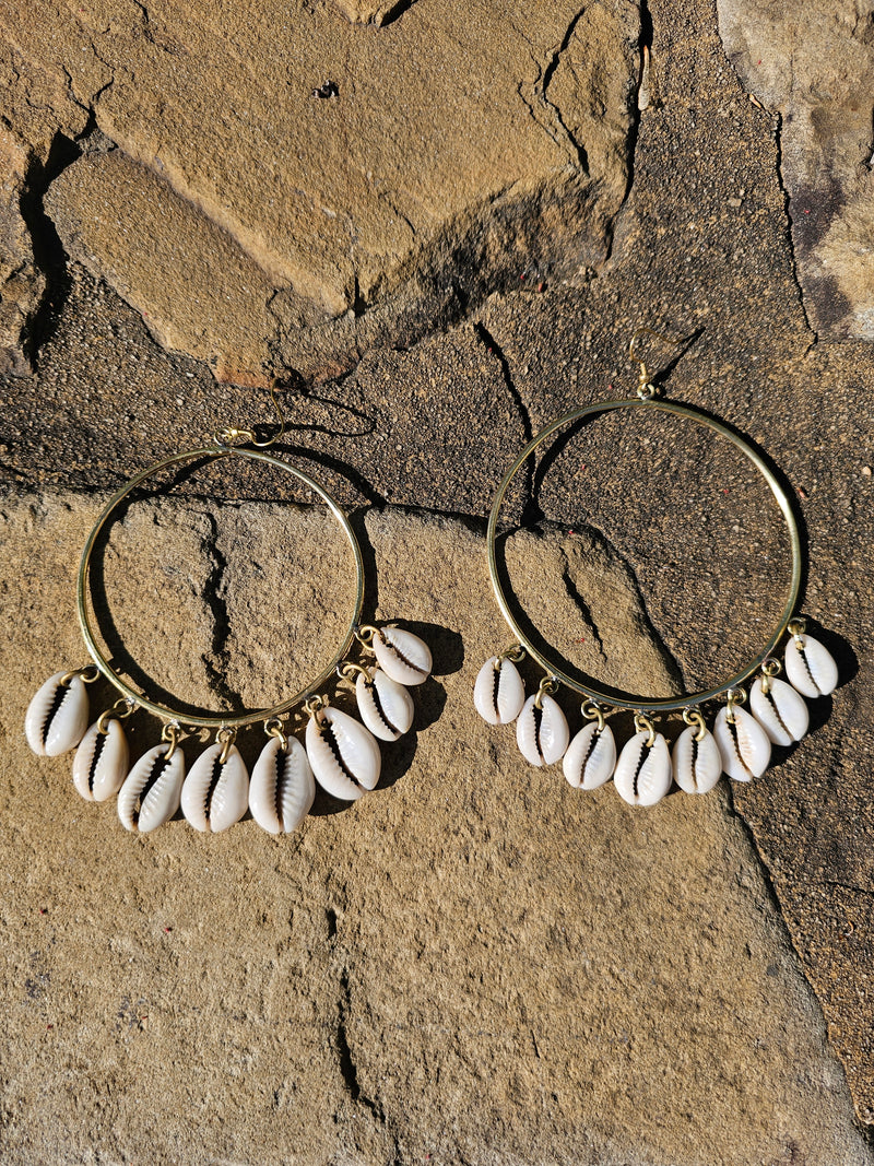 Large Cascading Cowrie Shell Hoop Earrings