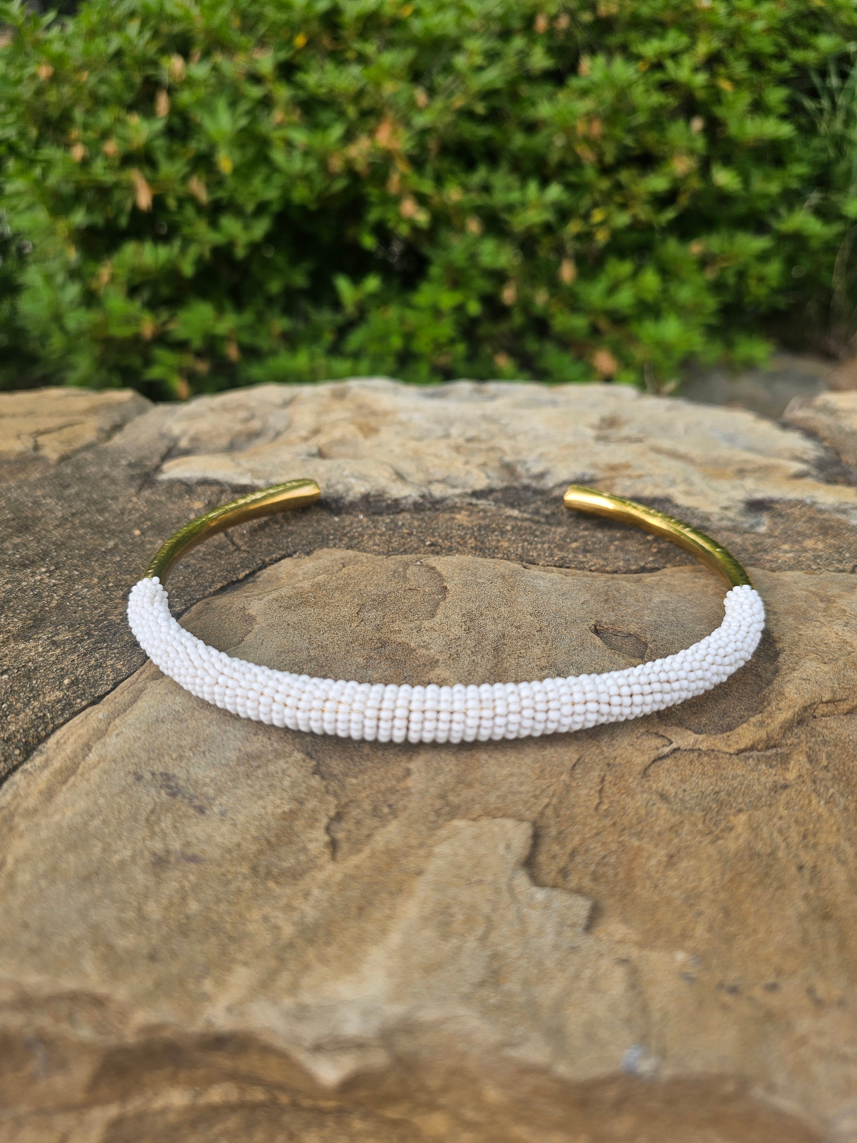 White Beaded Hammered Brass Choker