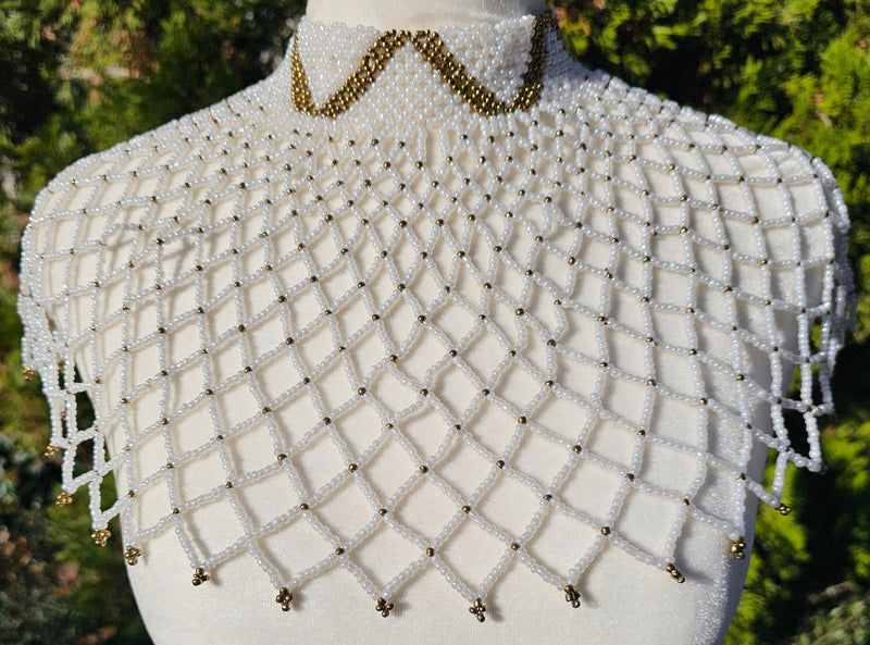 High Neck White & Gold Beaded Collar Necklace