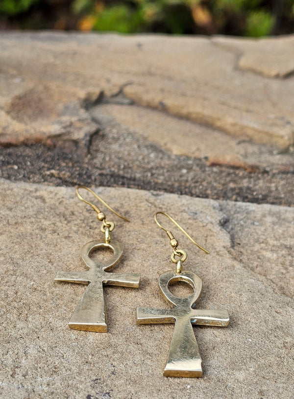 Smooth Ankh Brass Earrings