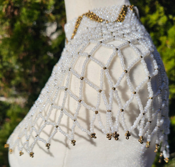 High Neck White & Gold Beaded Collar Necklace