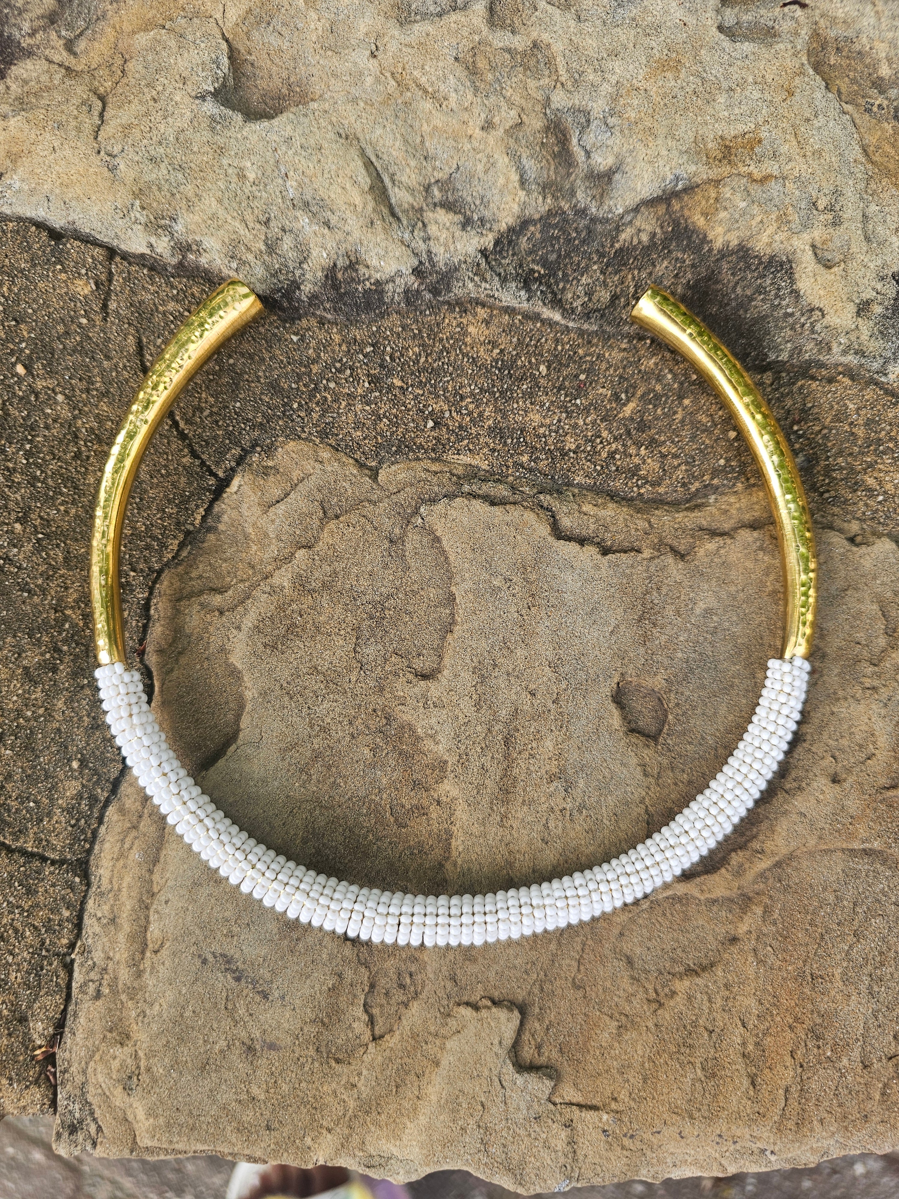 White Beaded Hammered Brass Choker