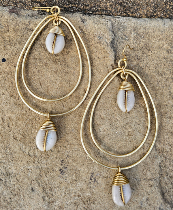 Cowrie Shell Teardrop Brass Earrings