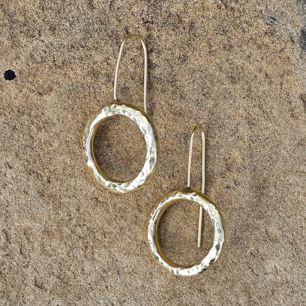Hammered Halo Threader Brass Earrings