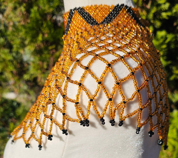 High Neck Gold & Black Beaded Collar Necklace