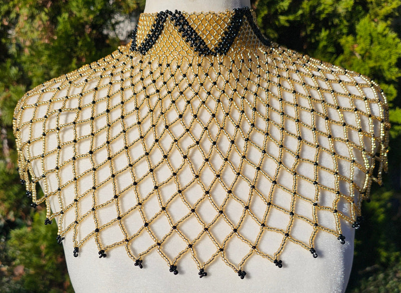 High Neck Light Gold & Black Beaded Collar Necklace